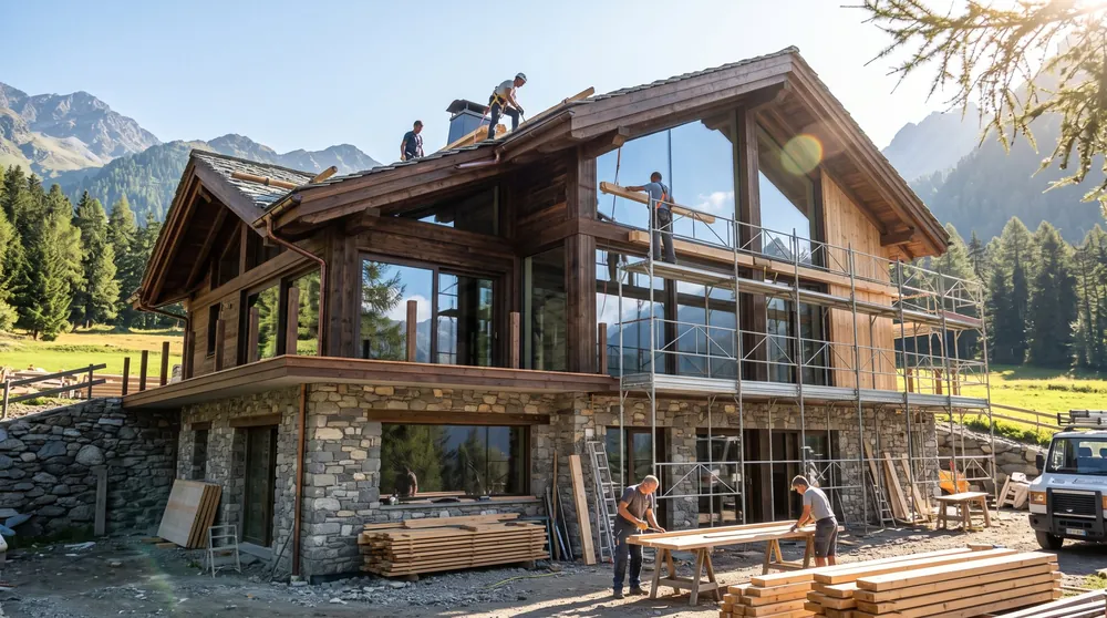 Falegnami al lavoro su una casa in legno e pietra in costruzione, in montagna