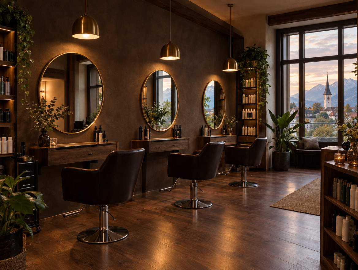 L'interno del salone, con tre postazioni e specchi rotondi